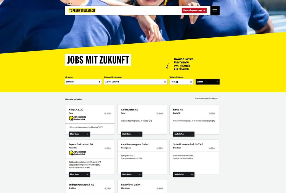 Dank verbesserter Suchfunktion finden Interessierte noch schneller, was sie suchen: Offene Lehrstellen in der Region, Betriebe für Schnupperlehren sowie zertifizierte Toplehrbetriebe. 